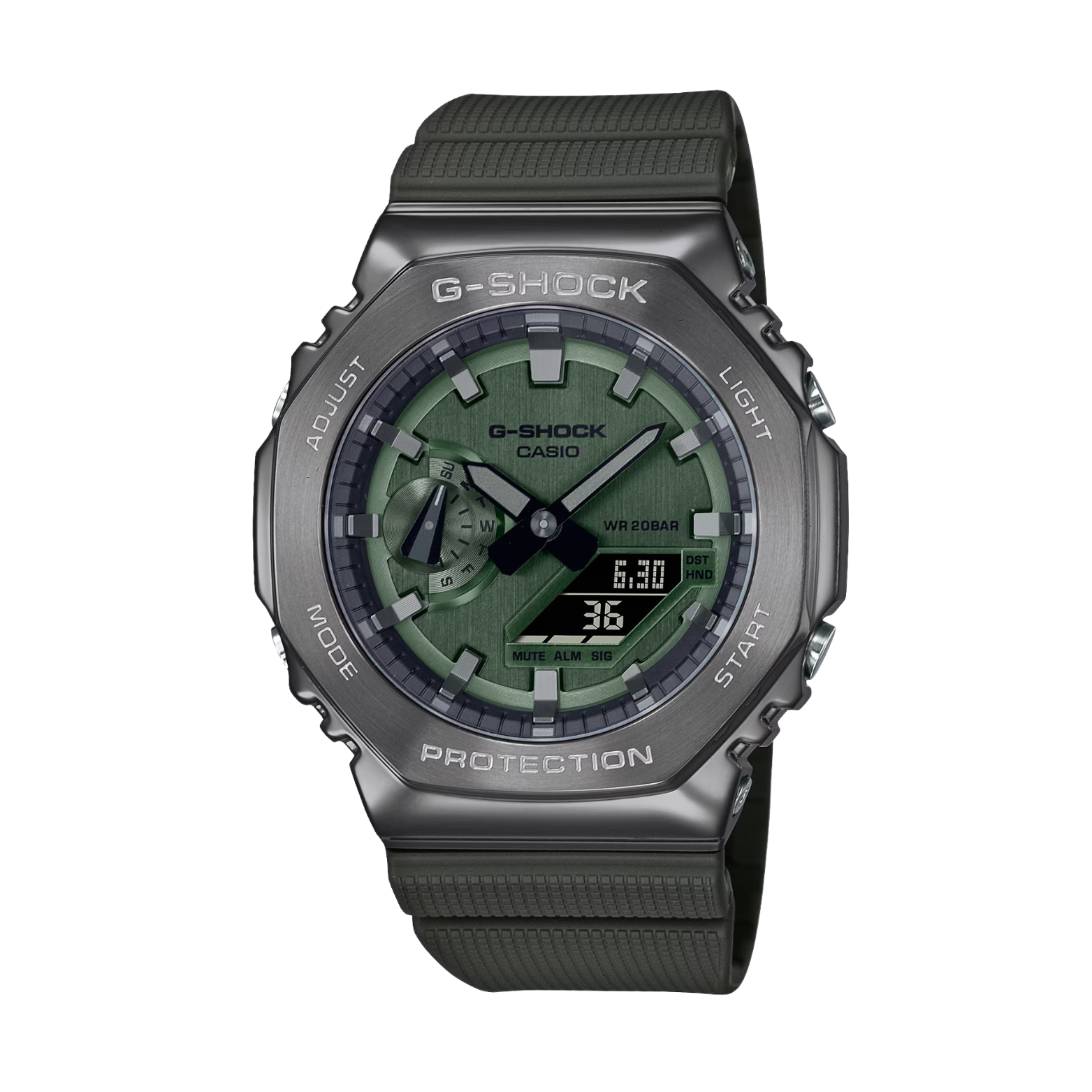 A black CASIO G-SHOCK watch with a digital display and resin band, showing a green dial and the G-SHOCK logo.