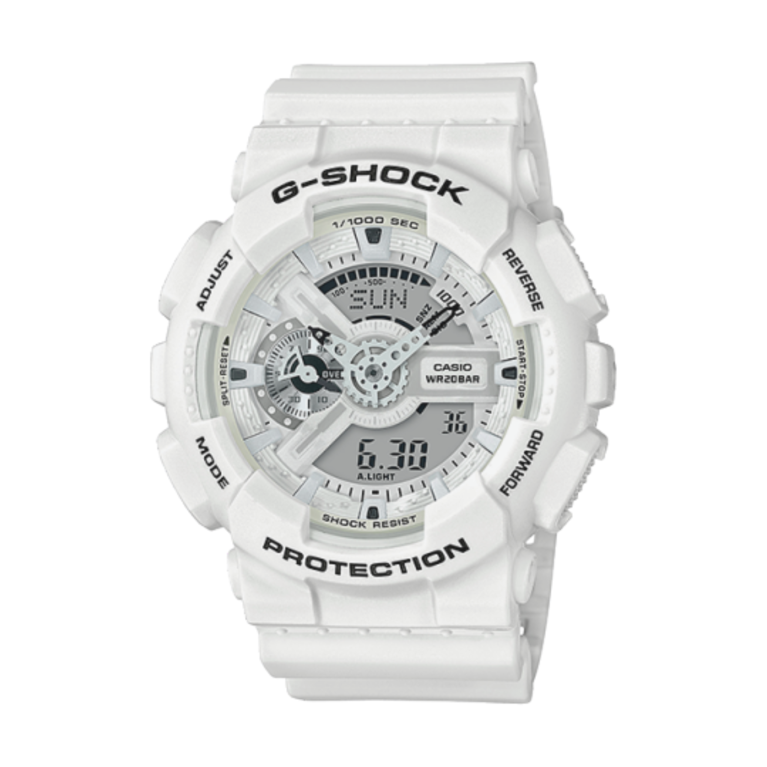 A white CASIO G-SHOCK analog-digital watch with a resin band and a digital display.