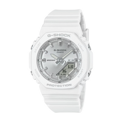 A white CASIO G-SHOCK watch with an analog dial and a resin band