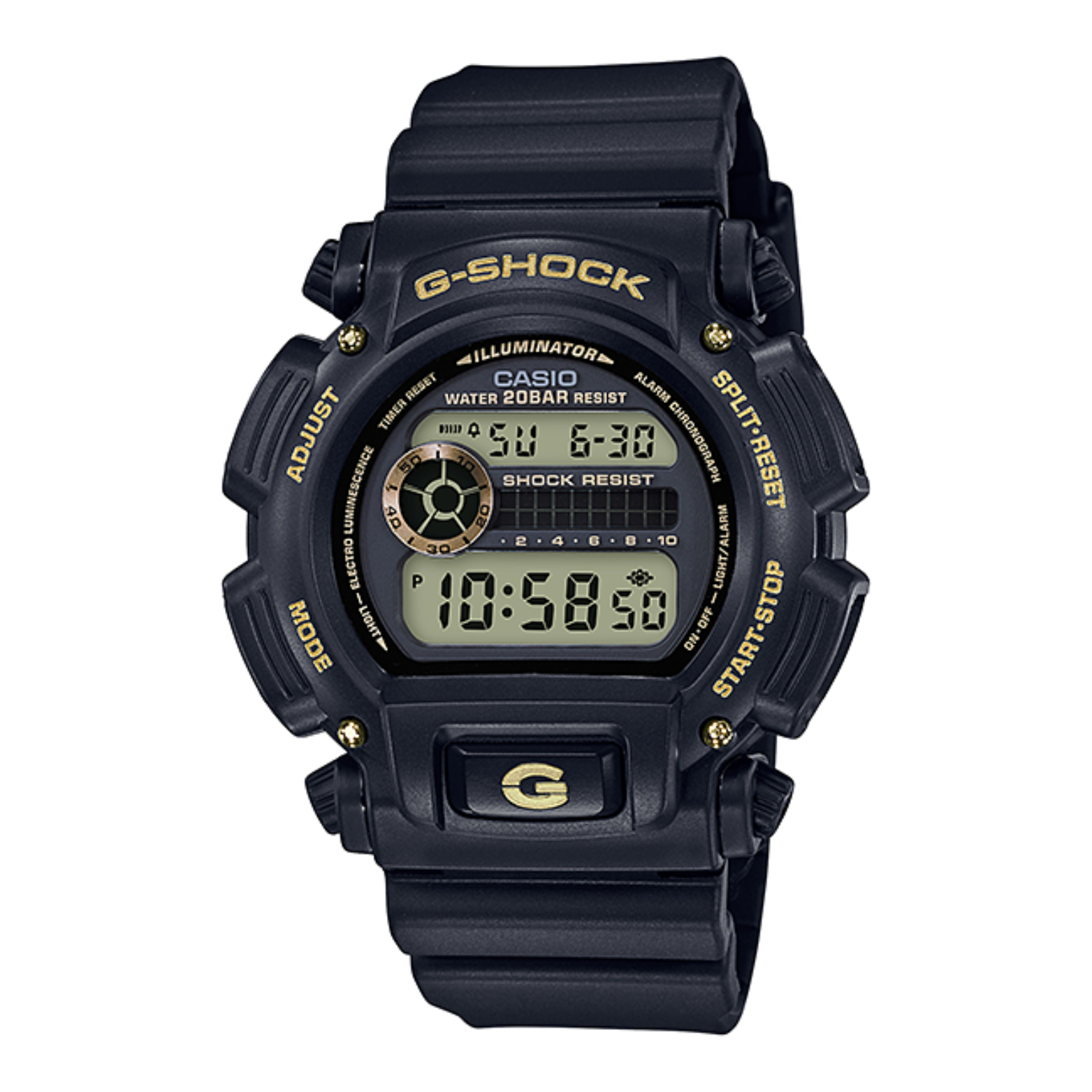 A black CASIO G-SHOCK DW-9052GBX-1A9 digital watch with a resin band, displaying time, date, and various watch features.