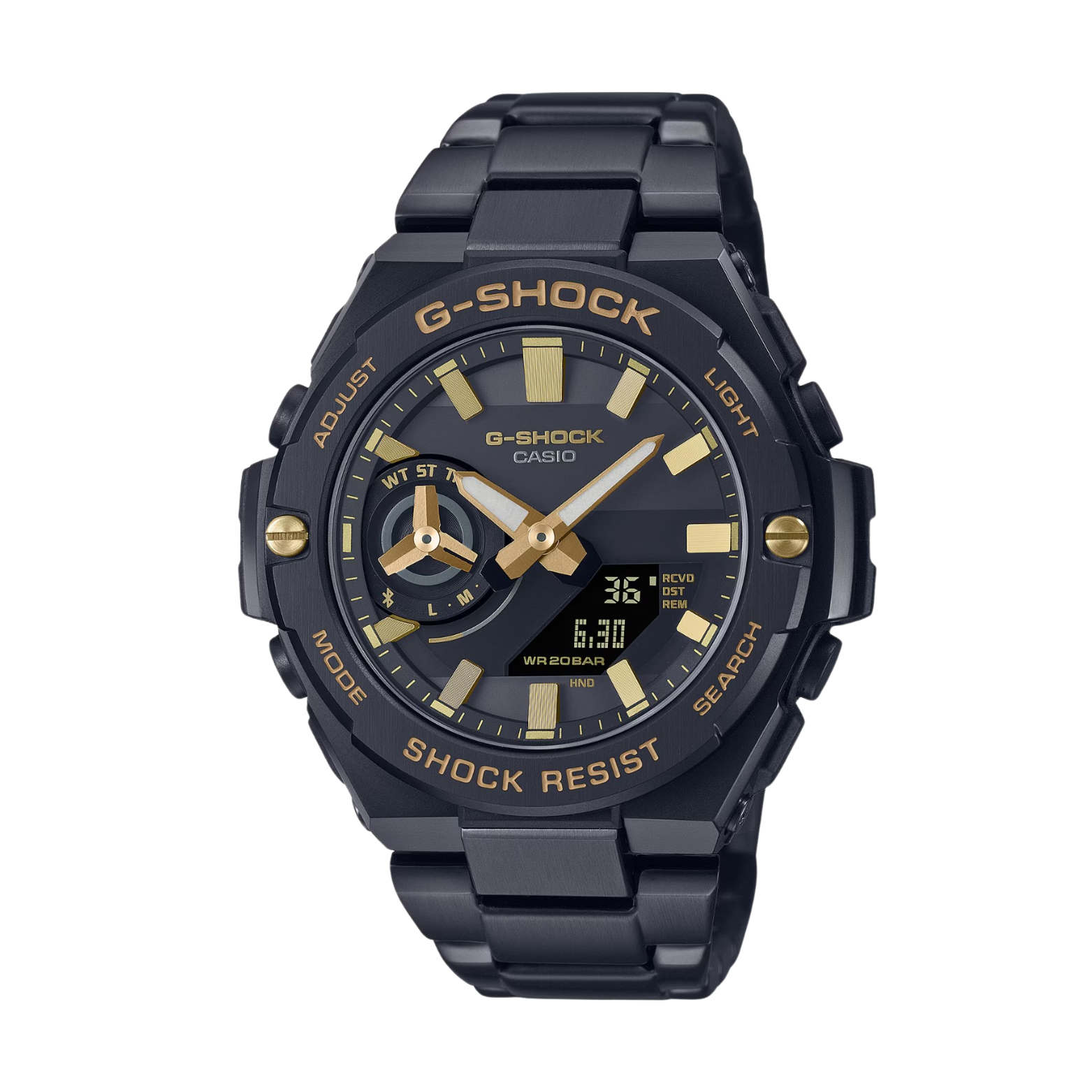 A black CASIO G-SHOCK watch with a digital display and analog hands, featuring a black ion-plated bezel and band.