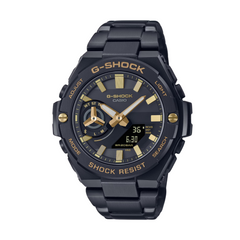 A black CASIO G-SHOCK watch with a digital display and analog hands, featuring a black ion-plated bezel and band.
