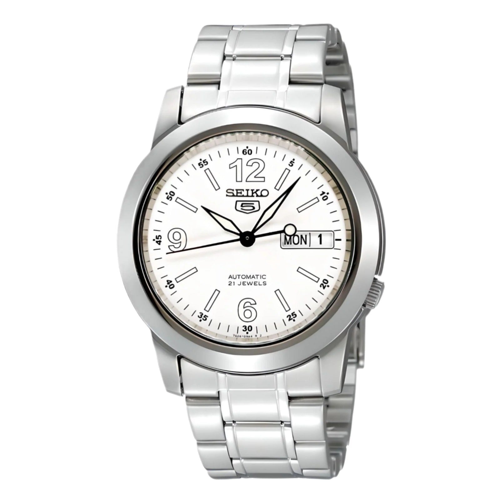 A silver Seiko analog watch with a white dial and stainless steel band.