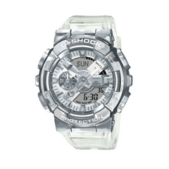 A Casio G-Shock analog-digital watch with a clear resin band and a white resin case featuring a digital display and multiple watch features.