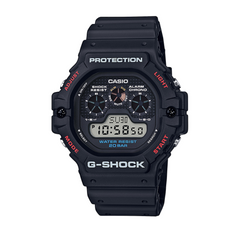 A black CASIO G-SHOCK DW-5900-1DR digital watch with a resin band, displaying features such as world time, stopwatch, and alarm on its digital screen.