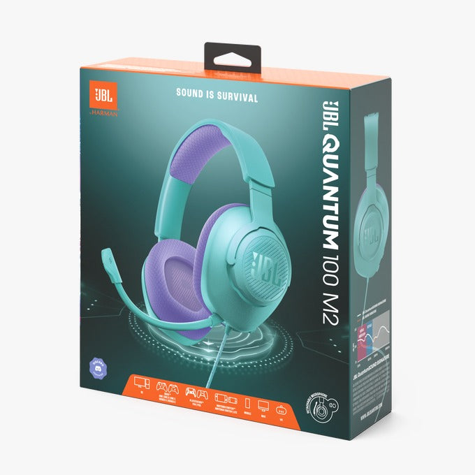 JBL QUANTUM 100 M2 WIRED OVER-EAR GAMING HEADSET in teal and purple colors, displayed in its packaging which has orange and white accents.
