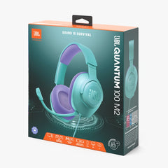 JBL QUANTUM 100 M2 WIRED OVER-EAR GAMING HEADSET in teal and purple colors, displayed in its packaging which has orange and white accents.