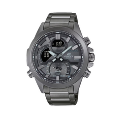 A gray CASIO EDIFICE analog-digital watch with a stainless steel band and case, featuring a digital display and a mineral glass surface.