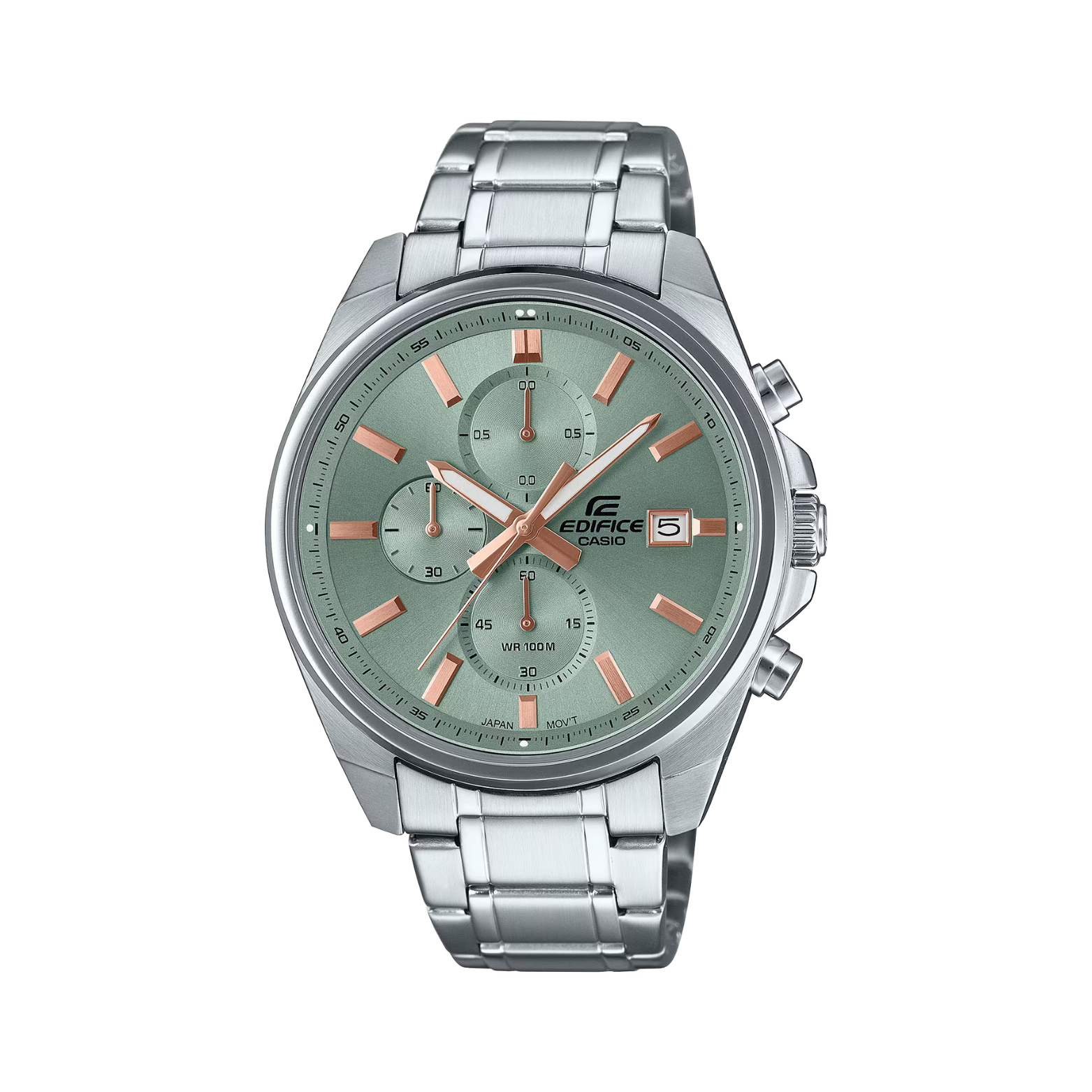 Silver Casio Edifice watch with a green dial on a white background