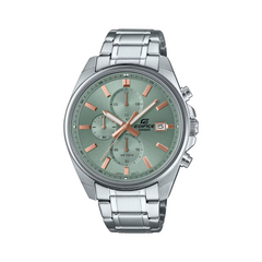 Silver Casio Edifice watch with a green dial on a white background