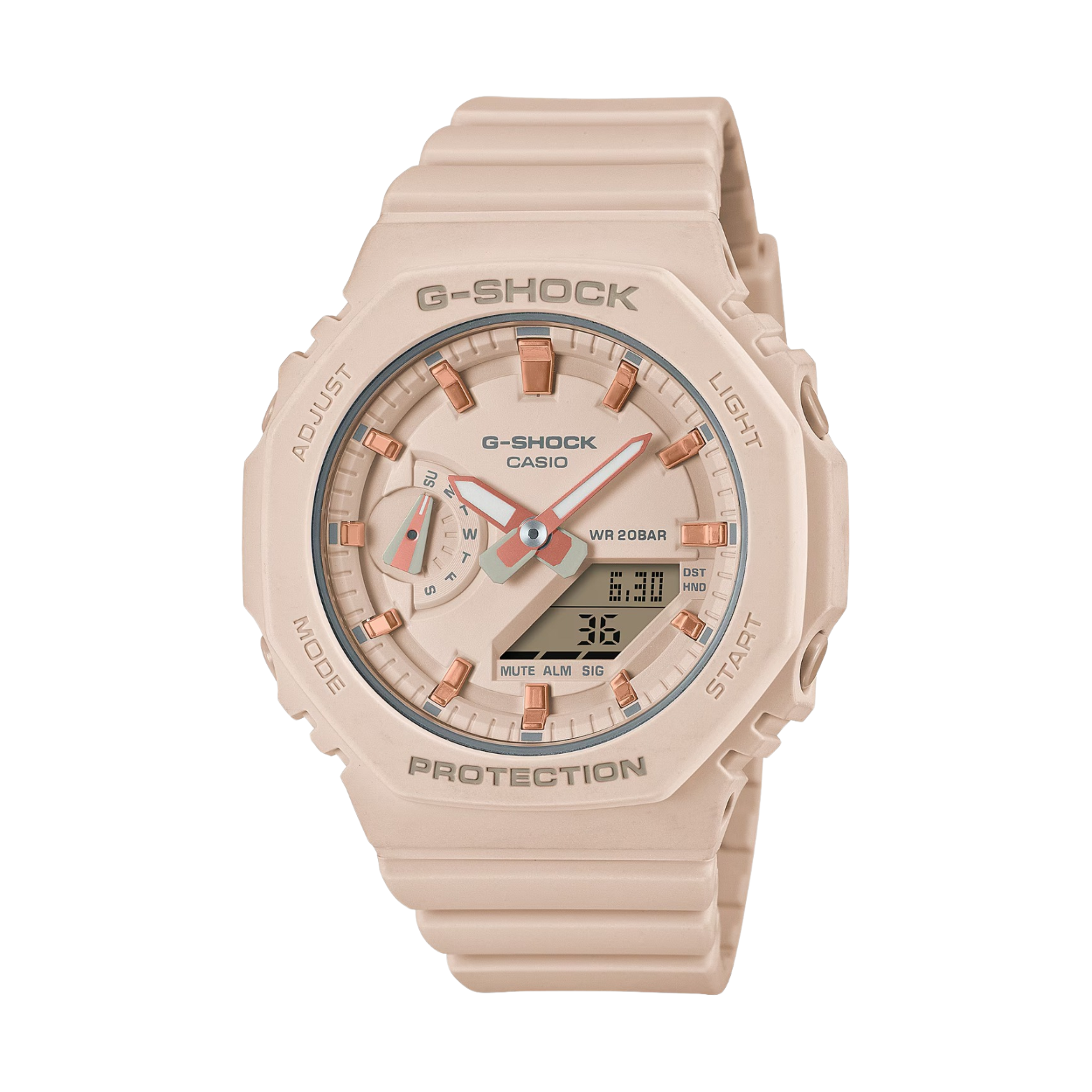 A Casio G-Shock watch with a beige band and casing, digital display, and analog features.