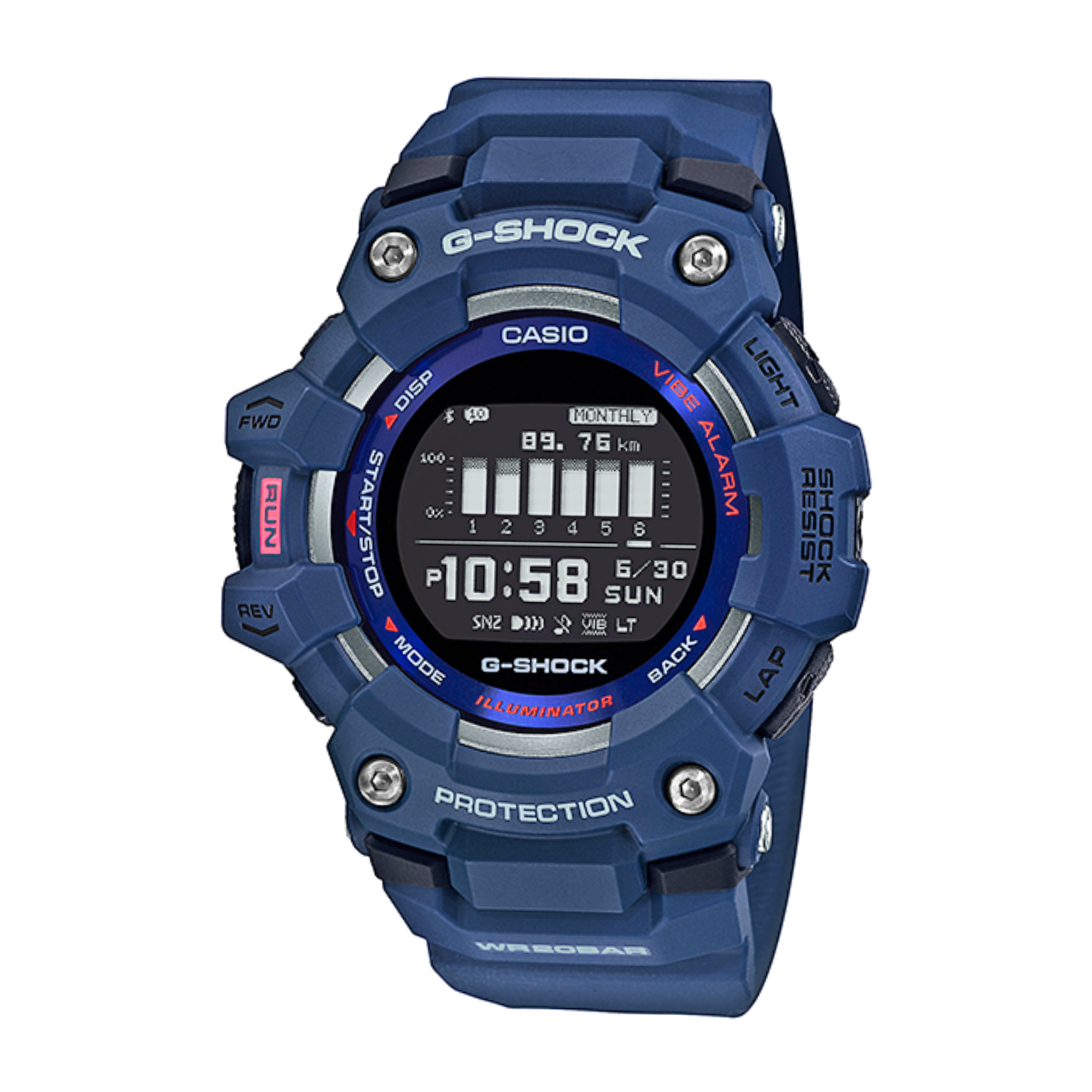 A blue CASIO G-SHOCK GBD-100-2D digital watch with a resin band and a blue case featuring a digital display.