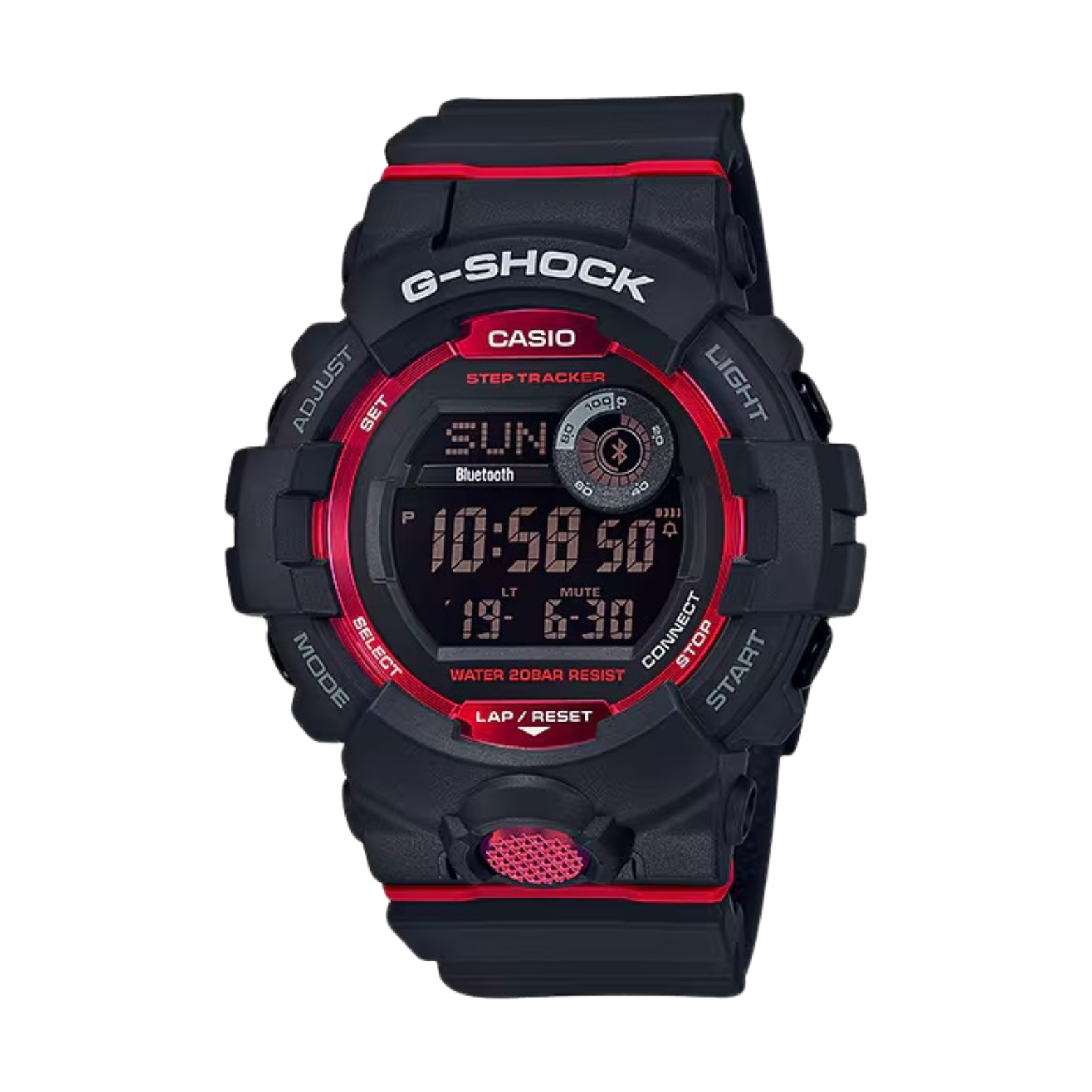 A black CASIO G-SHOCK watch with red accents, digital display, and step count feature.