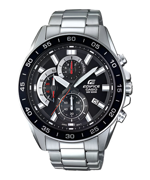 A Casio Edifice EFV-550D-1AVUDF watch with a black dial, stainless steel band, and multicolor accents.