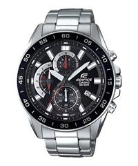 A Casio Edifice EFV-550D-1AVUDF watch with a black dial, stainless steel band, and multicolor accents.