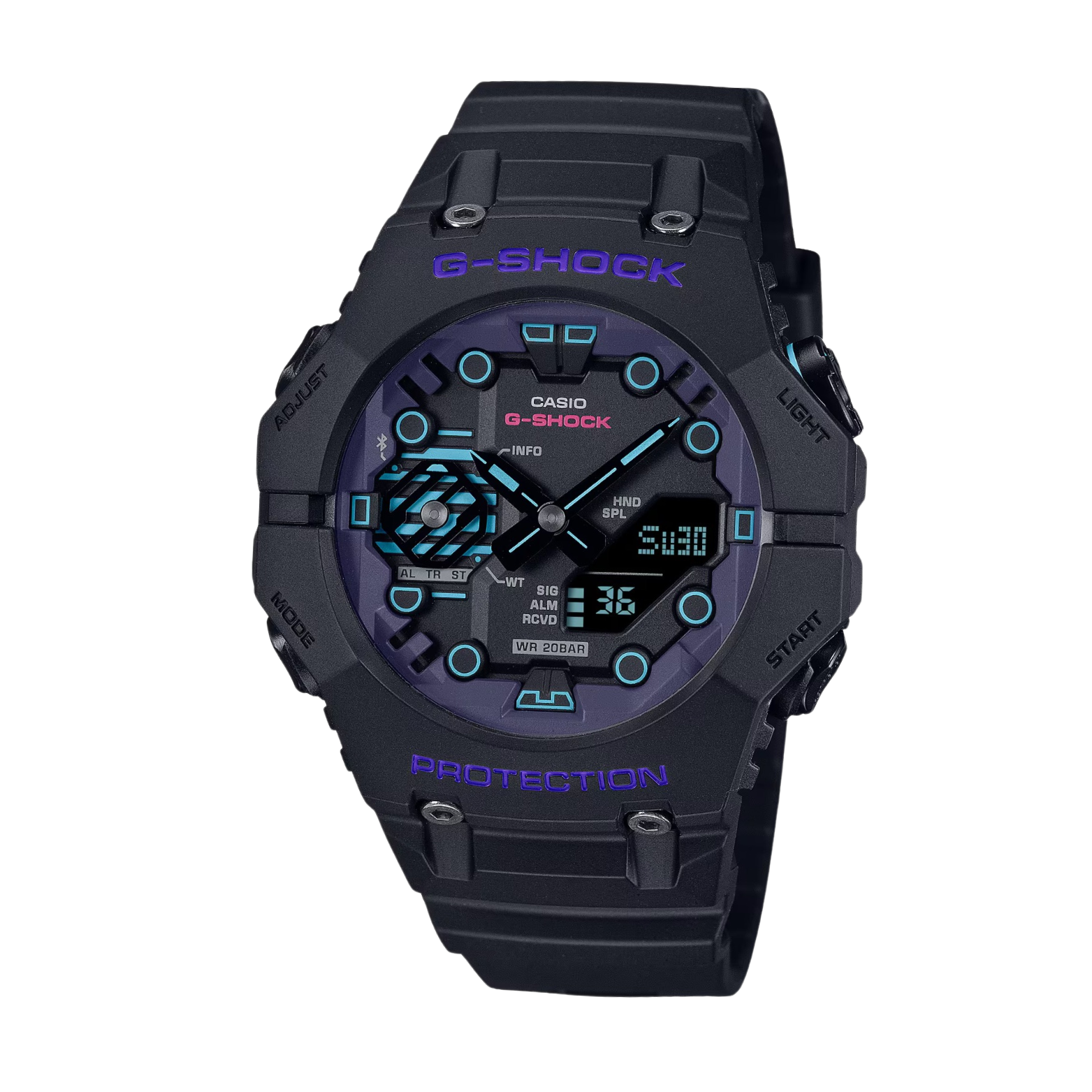 A black CASIO G-SHOCK watch with a digital display, featuring a blue LED light and carbon bezel.