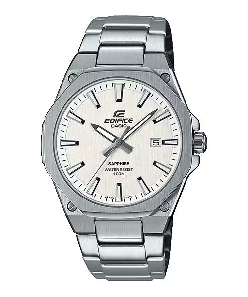 A silver Casio Edifice analog watch with a sapphire crystal dial and a stainless steel band.