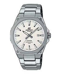 A silver Casio Edifice analog watch with a sapphire crystal dial and a stainless steel band.