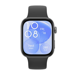 A digital smart fitness watch with a black band and case, displaying a blue watch face showing time, date, and fitness metrics.
