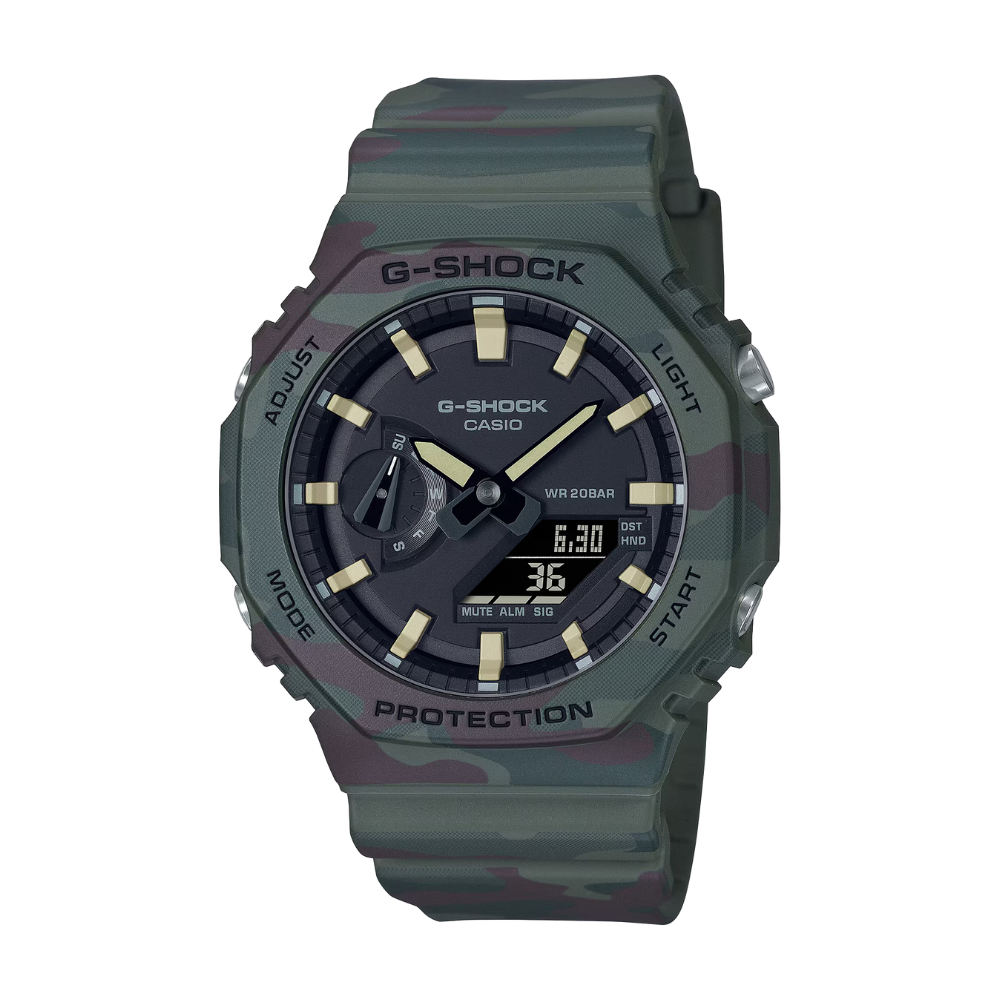 G-Shock watch with camouflage design on a white background