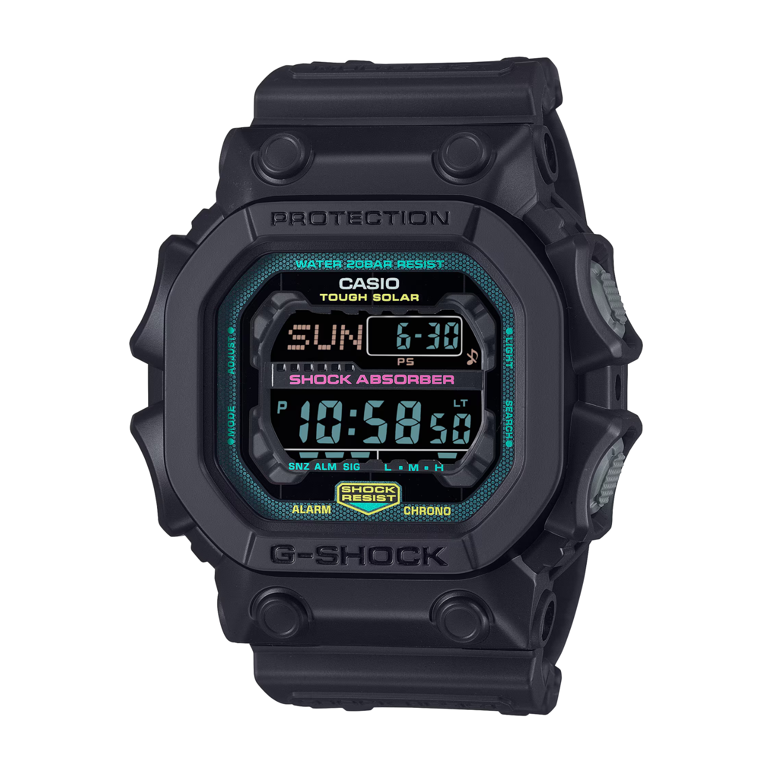 Black Casio G-Shock digital watch on a white background