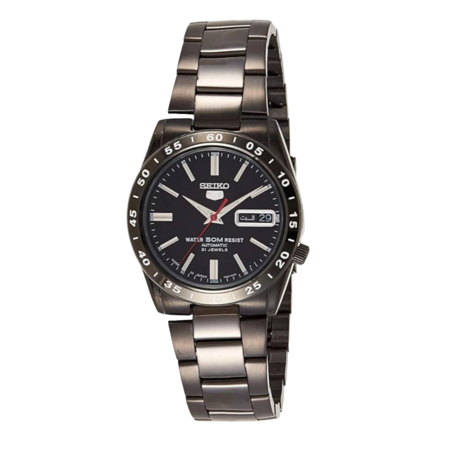 A black Seiko SNKE03K1 men's watch with a black dial, black PVD stainless steel bracelet, and black PVD case.