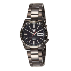 A black Seiko SNKE03K1 men's watch with a black dial, black PVD stainless steel bracelet, and black PVD case.