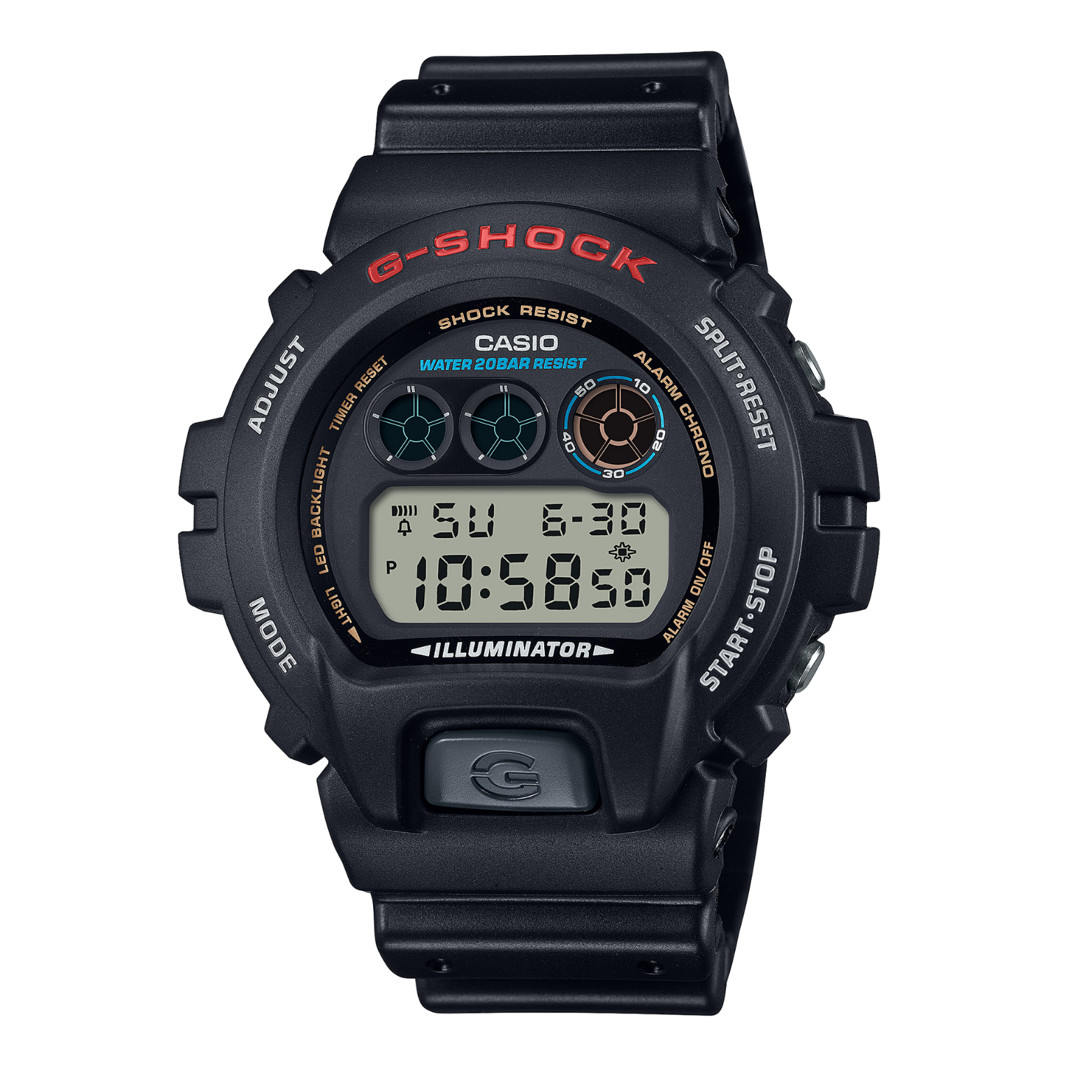A black CASIO G-SHOCK DW-6900U-1DR digital watch with a resin band and a digital display showing time, date, and various watch features.