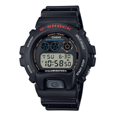A black CASIO G-SHOCK DW-6900U-1DR digital watch with a resin band and a digital display showing time, date, and various watch features.