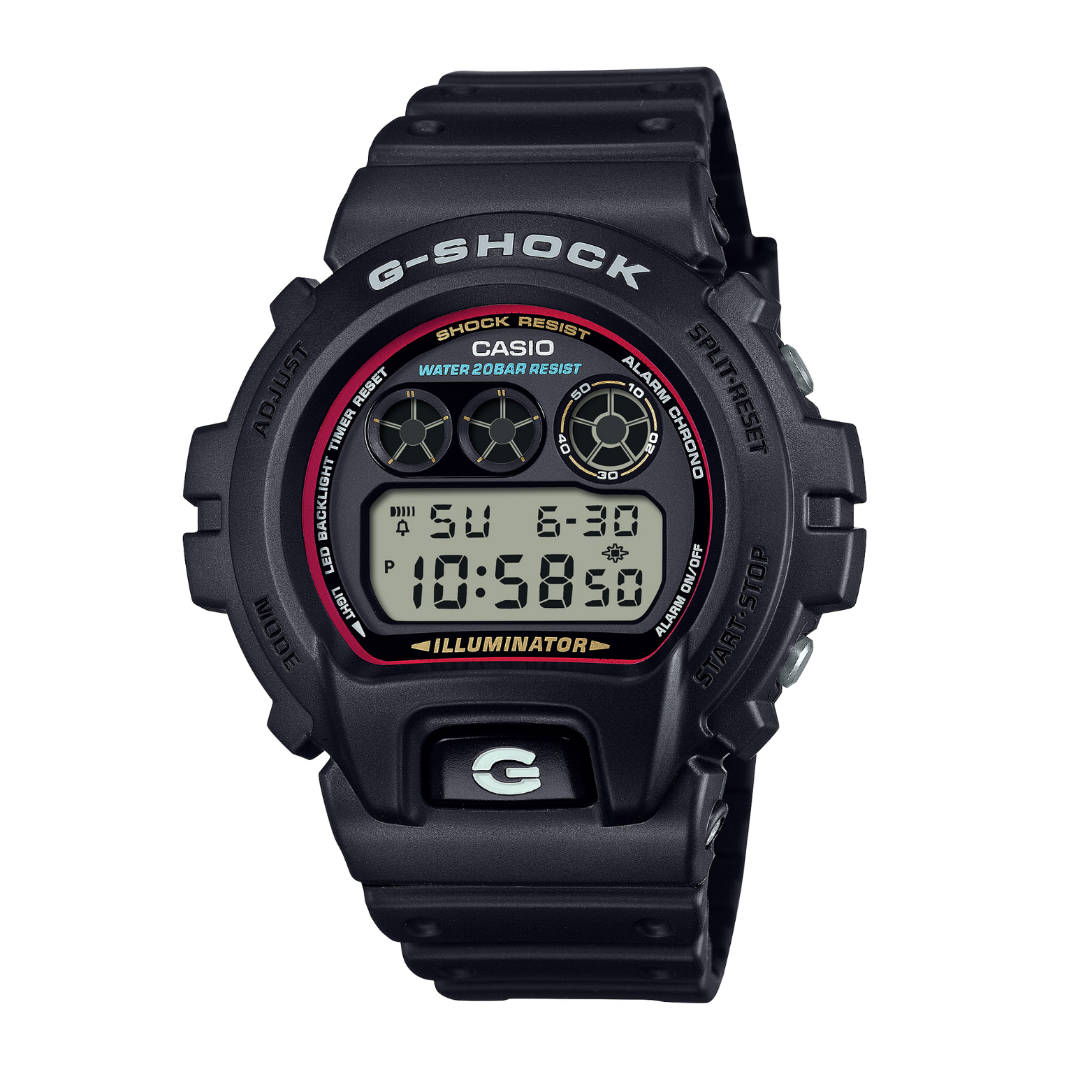 A black CASIO G-SHOCK DW-6900RL-1DR watch with a digital display, showing time, date, and various watch features.