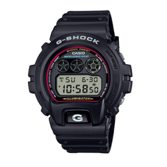 A black CASIO G-SHOCK DW-6900RL-1DR watch with a digital display, showing time, date, and various watch features.