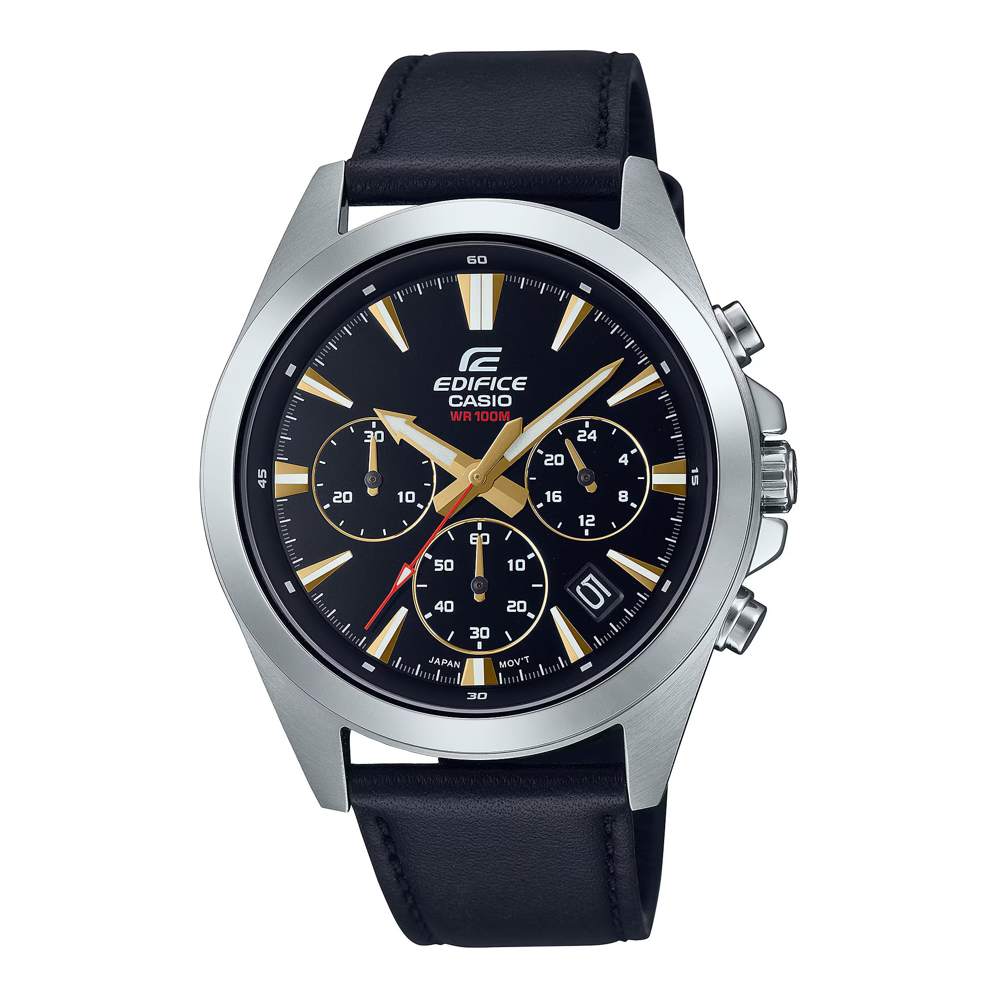 A Casio Edifice EFV-630L-1AVUDF watch with a black band, silver case, and black dial with gold accents.