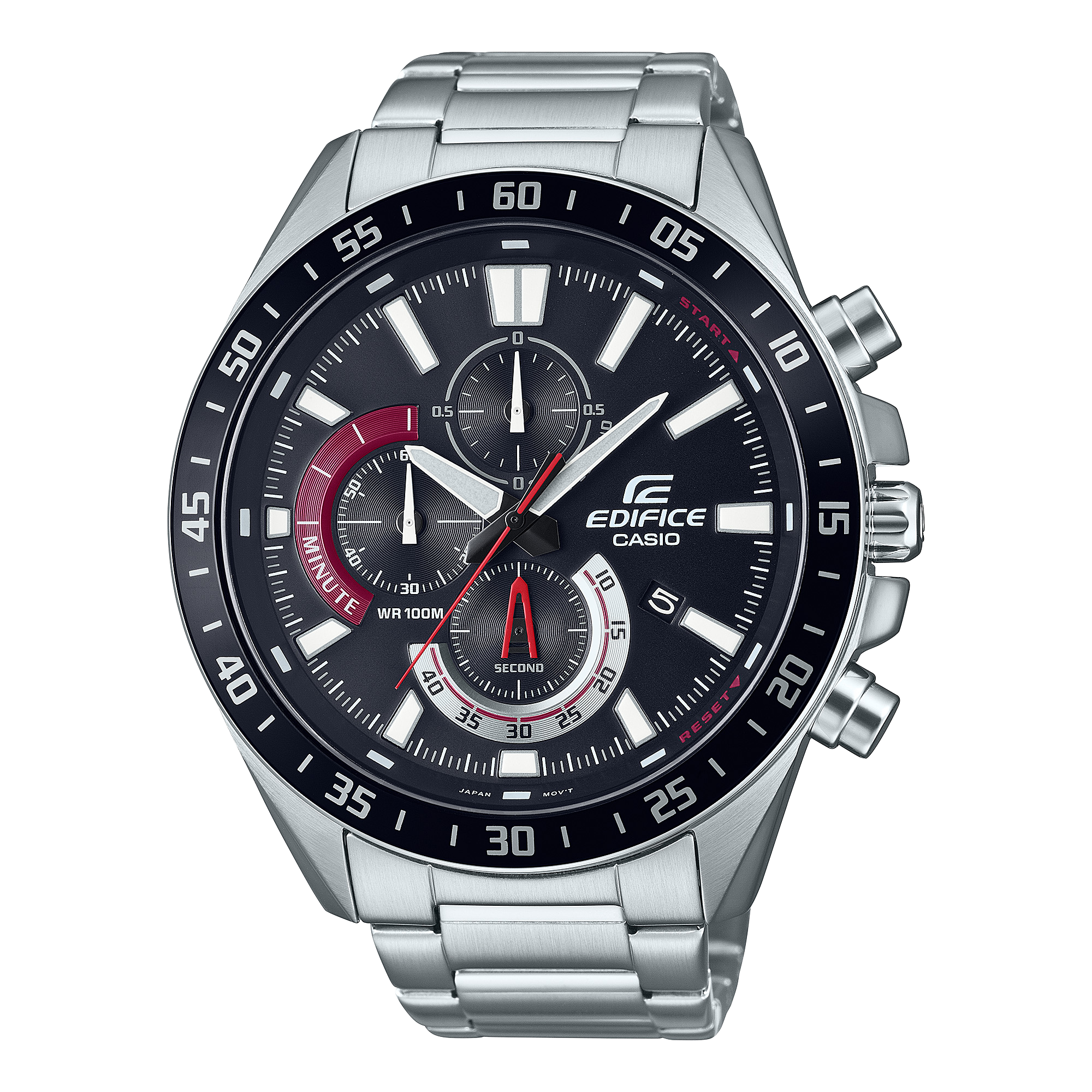 A Casio Edifice EFV-620D-1A4VUDF watch with a black band, silver case, and black dial featuring multiple dials and a tachymeter.