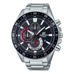 A Casio Edifice EFV-620D-1A4VUDF watch with a black band, silver case, and black dial featuring multiple dials and a tachymeter.