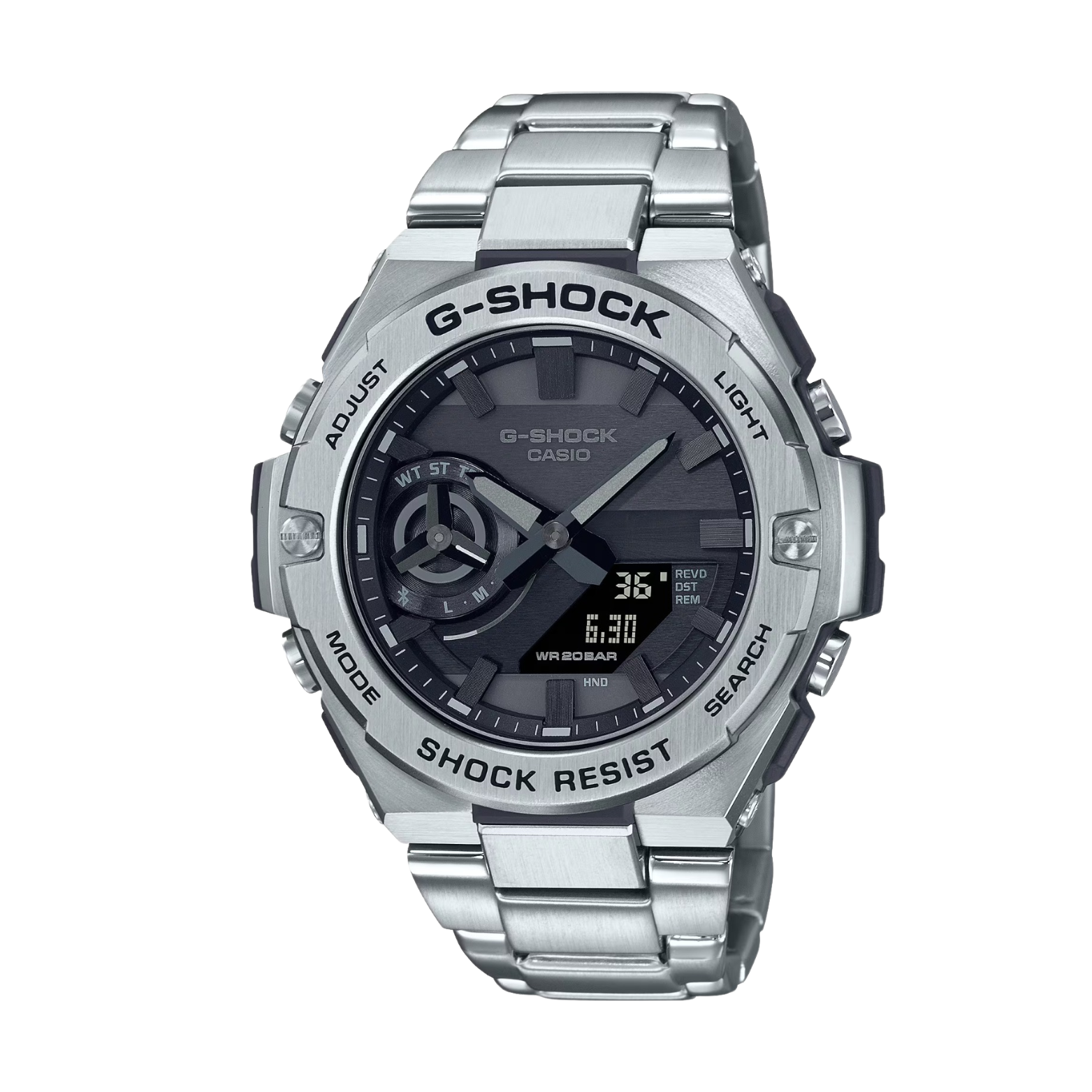 A CASIO G-SHOCK GST-B500D-1A1DR watch with a silver band and case, featuring a digital display and analog hands, shock resist and smartphone link capabilities.