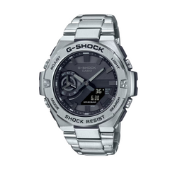 A CASIO G-SHOCK GST-B500D-1A1DR watch with a silver band and case, featuring a digital display and analog hands, shock resist and smartphone link capabilities.