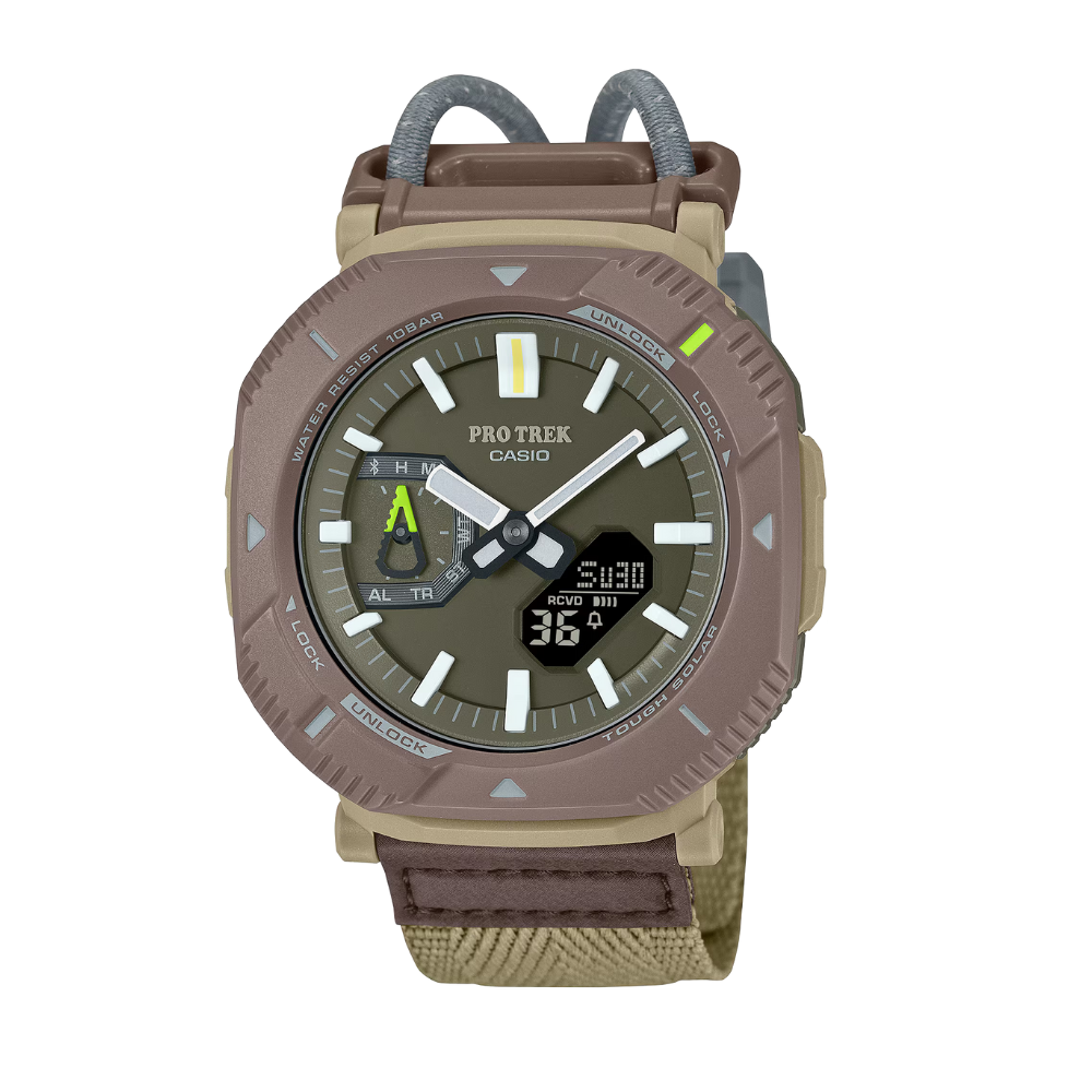 Casio Pro Trek watch with brown and beige strap on a white background
