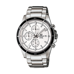 Silver Edifice watch with a white face on a white background