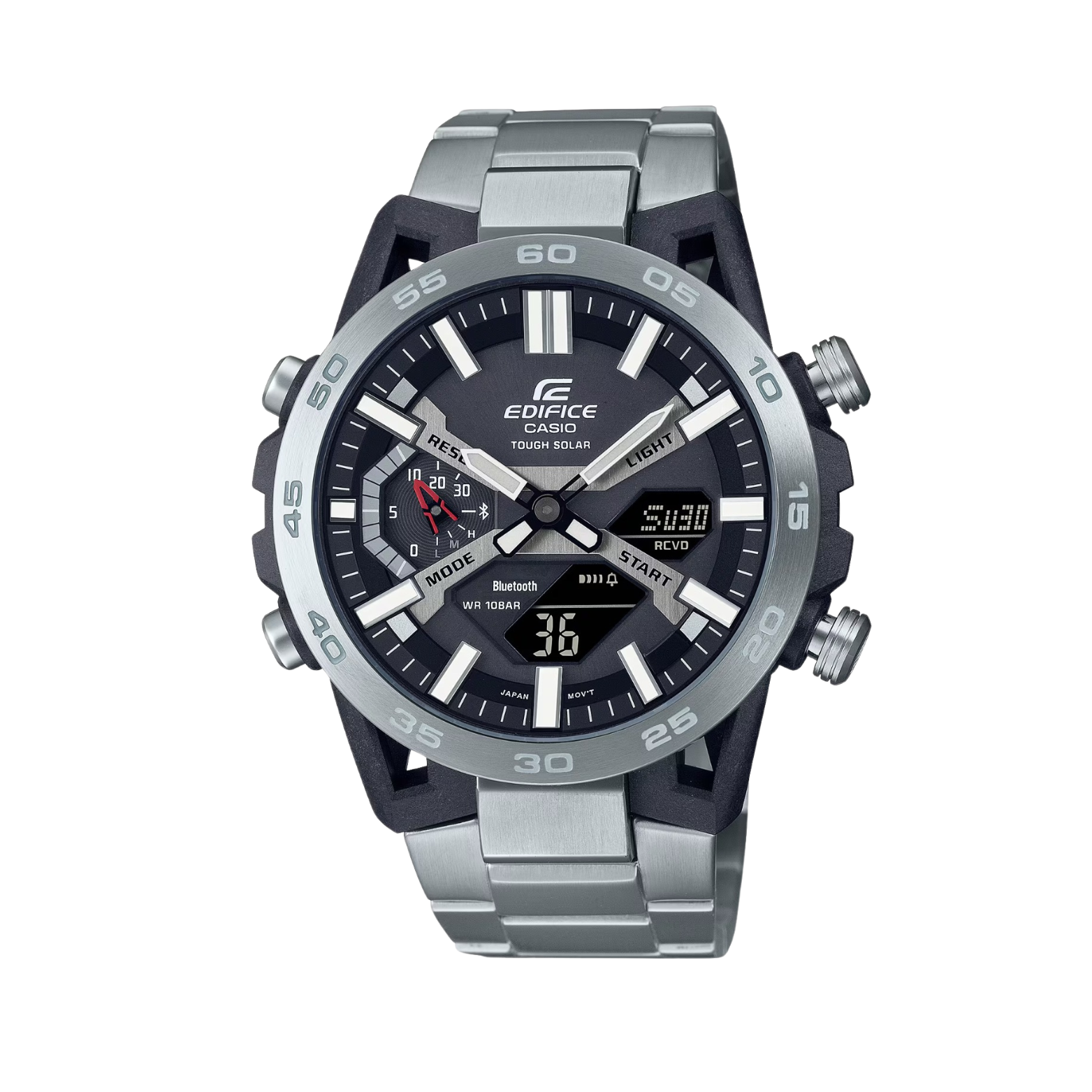 A Casio Edifice ECB-2000D-1A watch with a black dial, stainless steel band and case, and digital display.