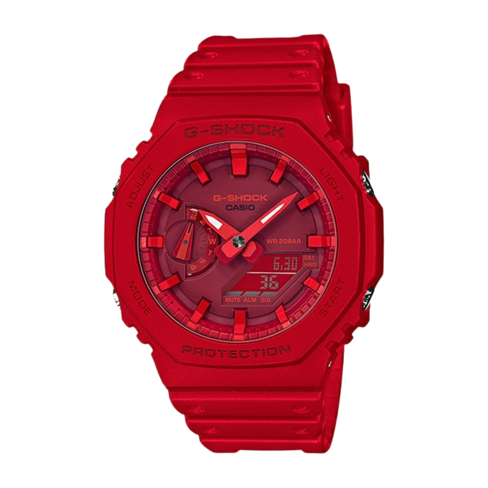 A red CASIO G-SHOCK watch with an analog dial and a resin band.