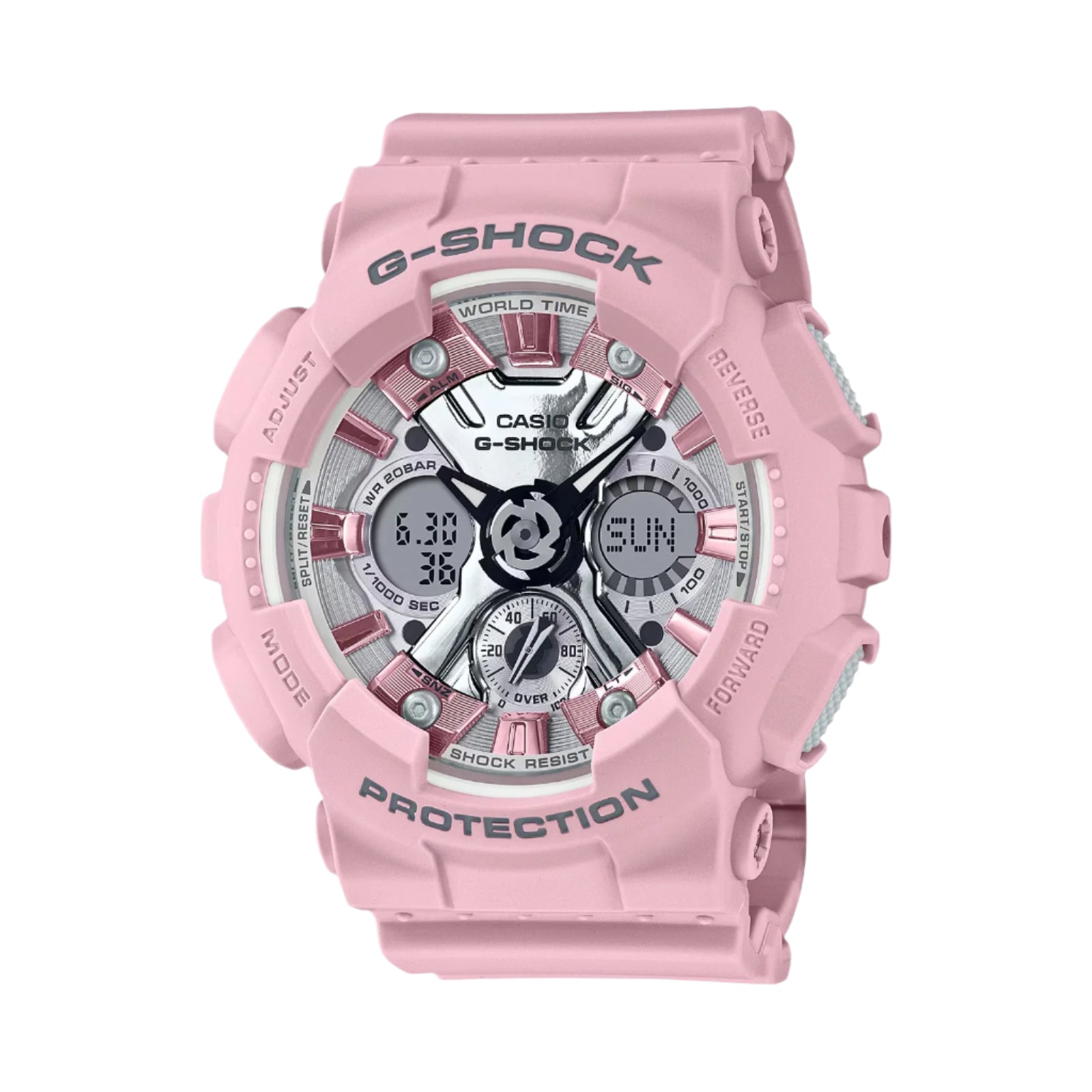 A pink CASIO G-SHOCK analog-digital watch with a resin band and casing, displaying time and various watch features on its dial.