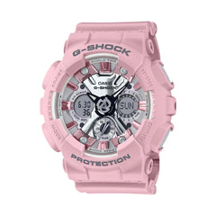 A pink CASIO G-SHOCK analog-digital watch with a resin band and casing, displaying time and various watch features on its dial.