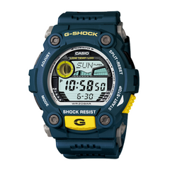 A CASIO G-SHOCK digital watch in blue and yellow colors with a resin band and a digital display showing time, date, and various watch features.