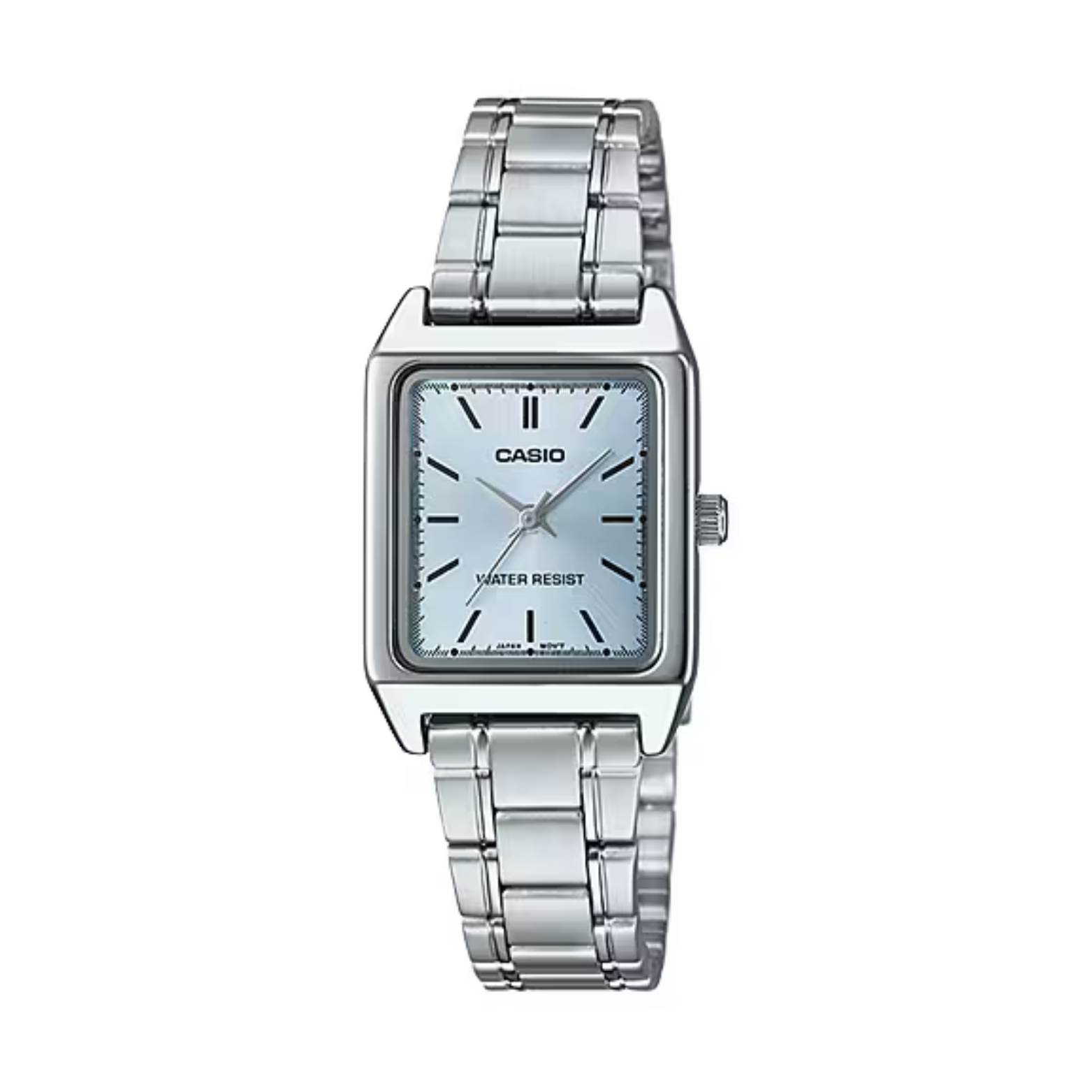 Silver Casio watch with a square face on a white background