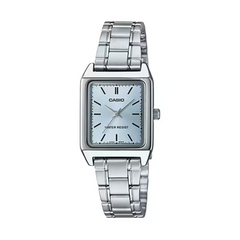Silver Casio watch with a square face on a white background