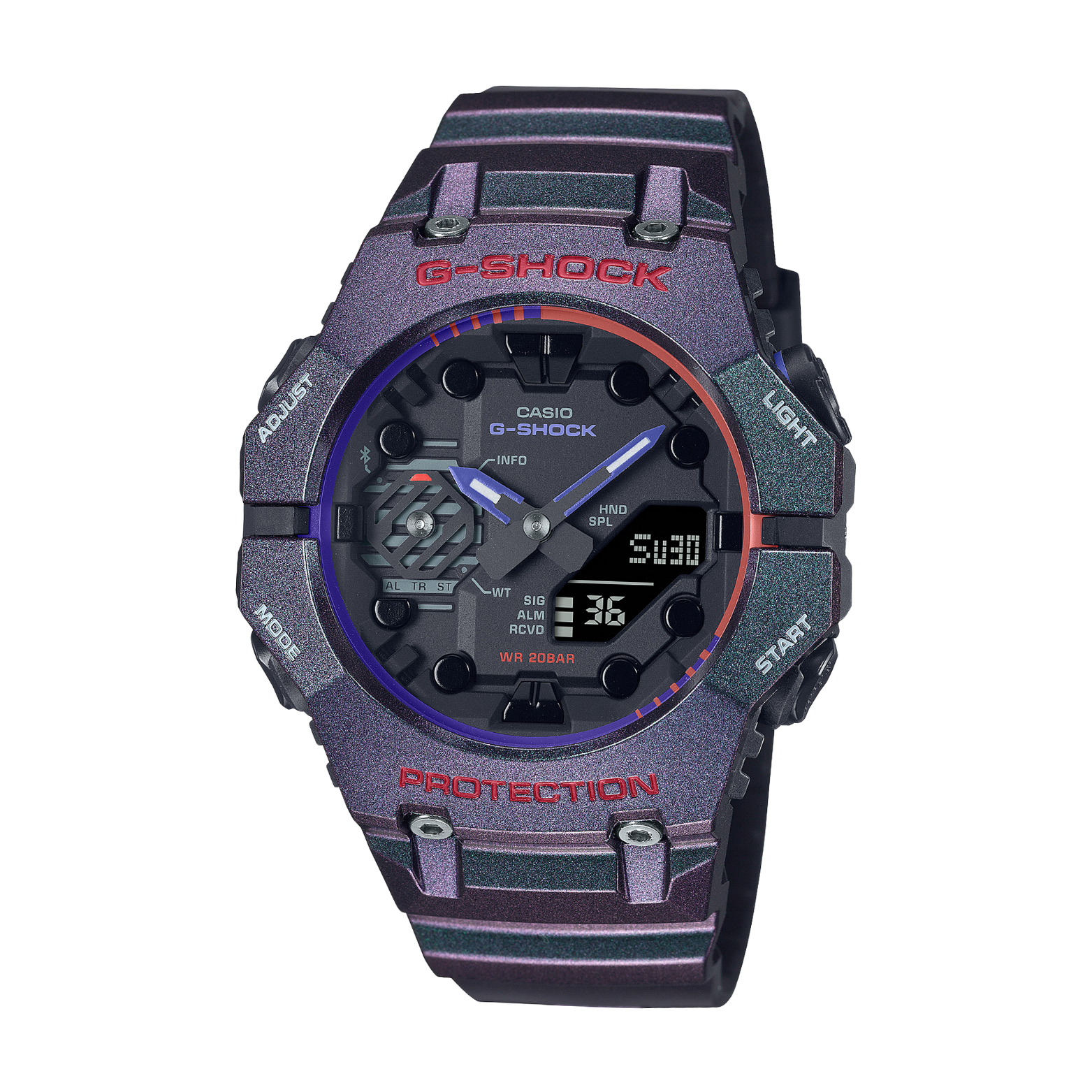 A Casio G-Shock GA-B001AH-6A watch with a black band and black case, featuring a digital display and analog hands, set against a white background.