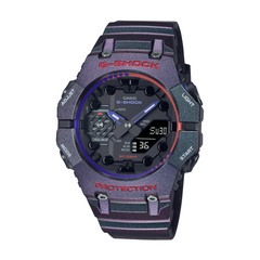 A Casio G-Shock GA-B001AH-6A watch with a black band and black case, featuring a digital display and analog hands, set against a white background.