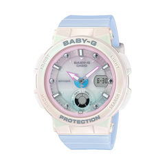 Baby-G Casio watch with pastel blue and pink design on a white background