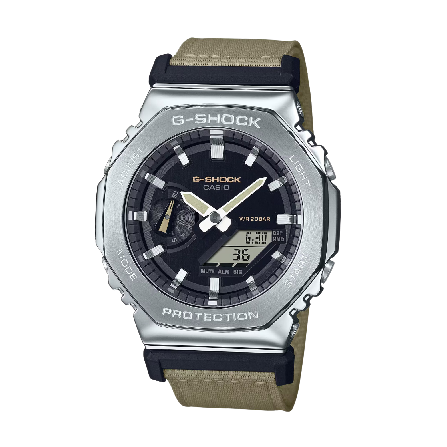 A CASIO G-SHOCK watch with a silver stainless steel case, black resin band, and digital display.