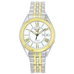 A Seiko two-tone stainless steel watch with a silver dial and gold accents, featuring a date display and analog hands.